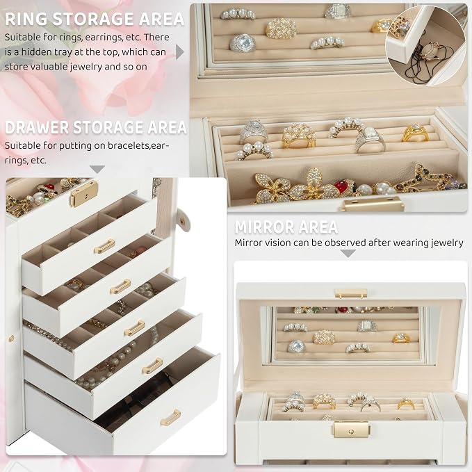 AKOZLIN Large 6-Tier Jewelry Box Lockable Leather Jewelry Storage Case with 5 Drawers for Women Girls Ring Necklace Earring Bracelet Holder Organizer with Mirror - Image 3