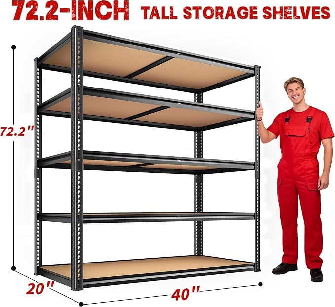 ROOMFAVE 40" W Garage Shelving 2300LBS Storage Shelves Adjustable Metal Shelving 5 Tier Garage Utility Rack Shelf for Warehouse, Pantry, Closet, Kitchen 72.2" H x 40" W x 20" D, Black,Gift - Image 3