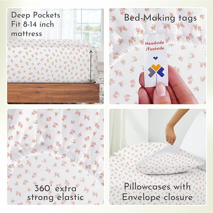 California Design Den Full Sheet Set Floral Pattern, 100% Cotton, Deep Pocket Full Sheets & Pillowcase Set, Soft Sateen Weave - Chic Floral