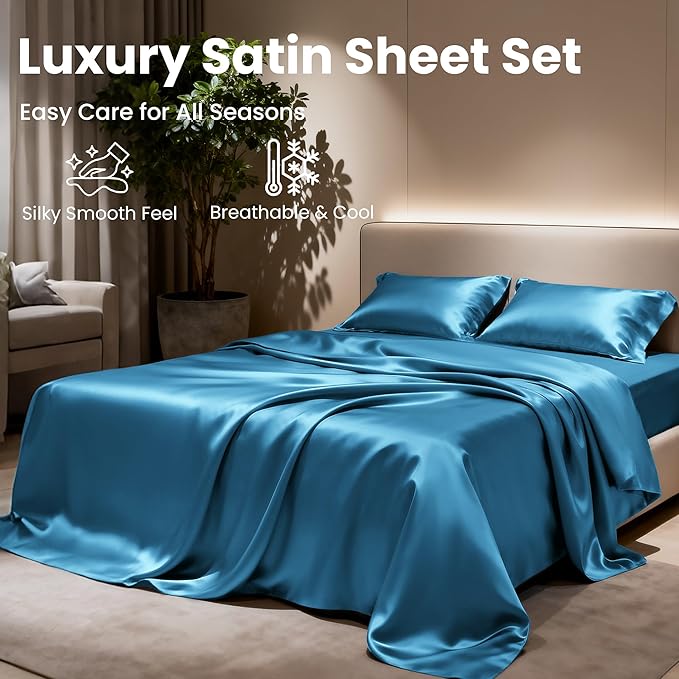 Love's cabin Full Size Satin Sheet Sets - 4 Piece Teal Silky Satin Sheet Set Full with Deep Pocket, Luxury Silk Feel Satin Bed Sheets Full Bedding Set (1 Flat Sheet,1 Fitted Sheet,2 Pillow Cases)