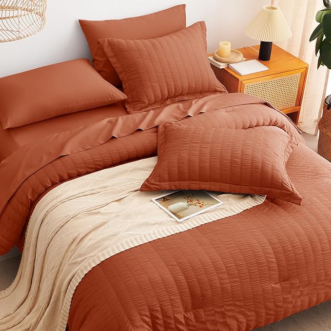 CozyLux Queen Comforter Set Burnt Orange Seersucker 7 Pieces Bed in a Bag Queen Comforter Set with Sheets, Terracotta Luxury Bedding Sets with Down Alternative Comforter, Sheets, Pillowcases & Shams