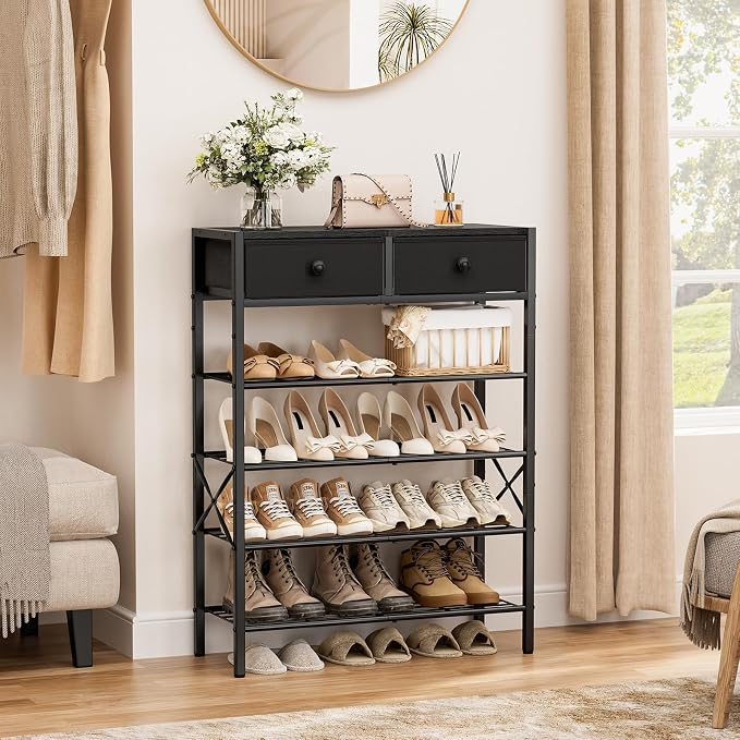 Shoe Rack for Entryway, 5 Tier Shoe Organizer with 2 Non-Woven Drawers, Metal Storage Shoe Shelf for 16-20 Pairs of Shoes, with Wooden Top and Steel Frame, Shoe Stand for Closet Charcoal - Image 4