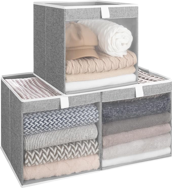 StorageWorks 13x13 Storage Cubes, Closet Storage Bins with Clear Window, Large Fabric Organizer for Clothes, Collapsible Storage Baskets with Handles, Gray, 3-Pack by StorageWorks