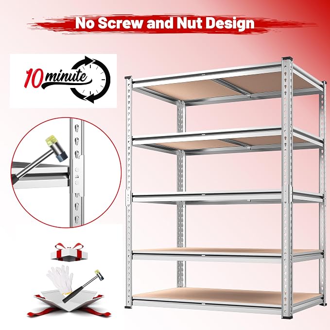 REIBII 2020LBS Garage Shelving Heavy Duty 5 Tier Storage Shelves Adjustable Metal Shelving for Basement, Warehouse, Pantry, Closet, Kitchen, Easy Assembly, 72" H x 35.55" W x 16" D, Galvanized - Image 9
