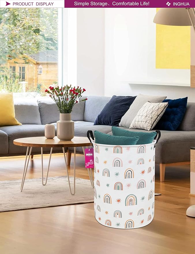 Laundry Hamper Large Canvas Fabric Lightweight Storage Basket/Toy Organizer/Dirty Clothes Collapsible Waterproof for College Dorms, Boys and Girls Bedroom,Bathroom(Star Rainbow) - Image 3