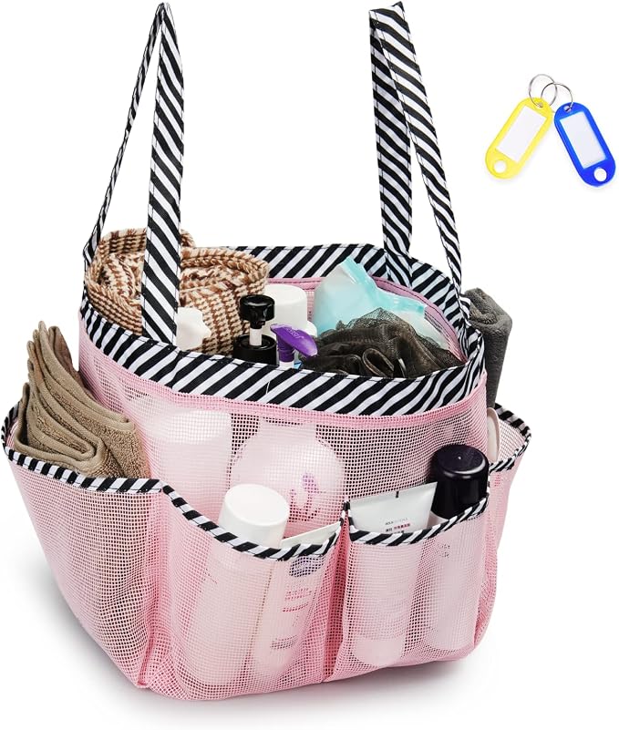 Temede Mesh Shower Caddy Tote, Large Shower Caddy Basket Portable, Quick Dry Hanging Toiletry Bag, 8 Storage Pocket Bath Organizer for College Dorm Room, Gym, Bathroom, Camp, Travel (Pink+Stripes) by Temede