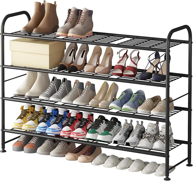 LINZINAR Shoe Rack Long 4 Tier Shoe Storage Organizer Metal Wide Shoe Shelf for Closet Entryway Bedroom 24 Paris Large Capacity, Gold Black by LINZINAR
