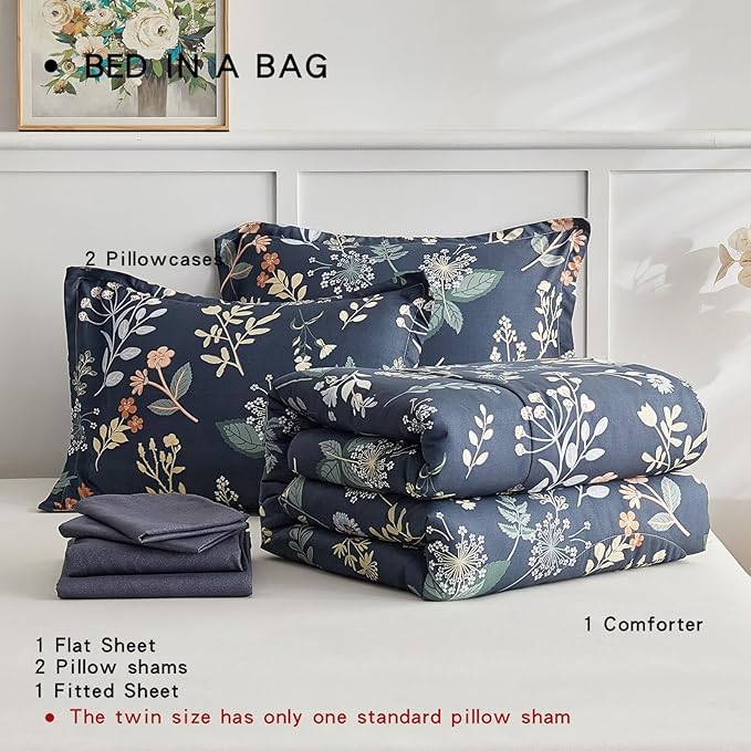 AIKASY 7-Piece Queen Size Bed in a Bag Comforter Set - Blue Fog Floral Ensemble with Reversible Botanical Flowers Comforter, Sheets, Pillowcases & Shams