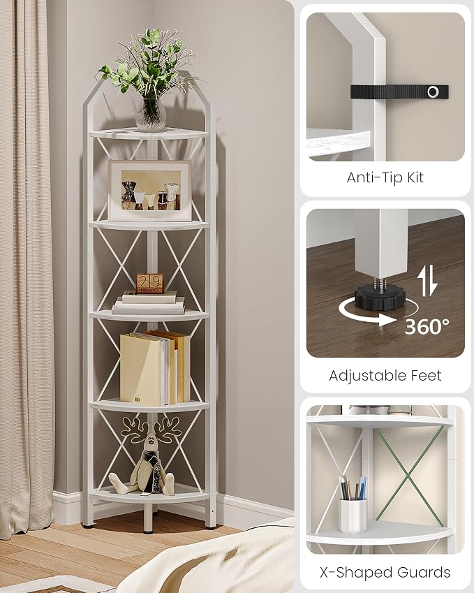 CHOEZON 5-Tier Corner Shelf, Industrial Corner Bookshelf, 59.4" Corner Storage Stand, Plant Stand Display Shelf, Corner Bookcase for Bedroom, Living Room, Home Office, White TCJ10WB - Image 4