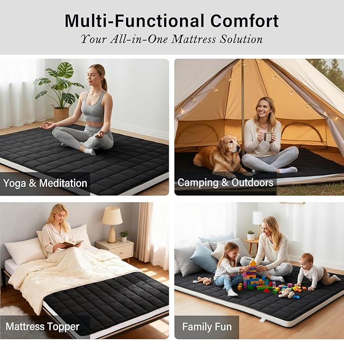 Tiita Japanese Floor Mattress, 4” Thicken Futon Mattress with Storage Bag and 2 Straps，Queen Size Sleeping Tatami Mat for Adults，Black