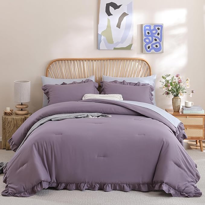 JANZAA King Size Comforter Set Grayish Purple Ruffle Comforter 3PCS Soft Fluffy Boho Comforter Vintage Farmhouse Bed Comforter Set Shabby Chic Bedding with 2 Pillowcases for All Season