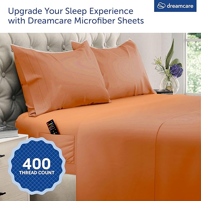 DREAMCARE King Size Sheets Set – 4 pcs Super Soft & Lightweight Cooling Sheets – up to 21” Deep Pocket King Sheet Set Hotel Luxury Sheets & Pillowcases 100% Microfiber with Side Pocket, Terracota