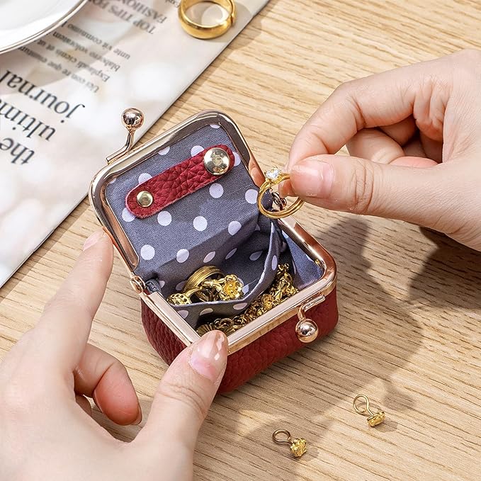 Genuine Leather Mini Jewelry Box, Portable Vintage-Inspired Genuine Leather Coin Purse Jewelry Case with Kiss Lock, Mini Travel Ring Box for Women for Earring/Ring/Necklace/Bracelet(Orange) - Image 3