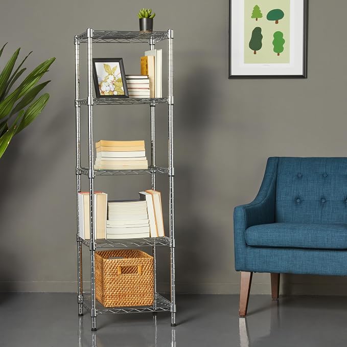 Amazon Basics 5-Shelf Tower Adjustable Storage Shelving Unit, Chrome, 16" x 16" x 54", 150 lbs Per Shelf | Tower, Adjustable - Image 2