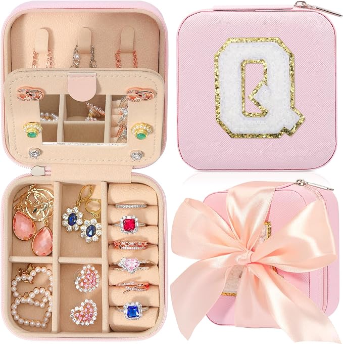 CHMI Pink Travel Jewelry Box, Organizer - Women's & Girls' Gifts for Birthdays, Christmas - Initial Q by CHMI
