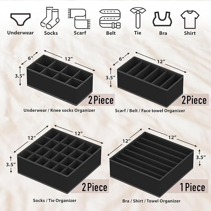 Simple Houseware Closet Underwear Organizer Drawer Divider Assorted 7 Pieces, Black - Image 2