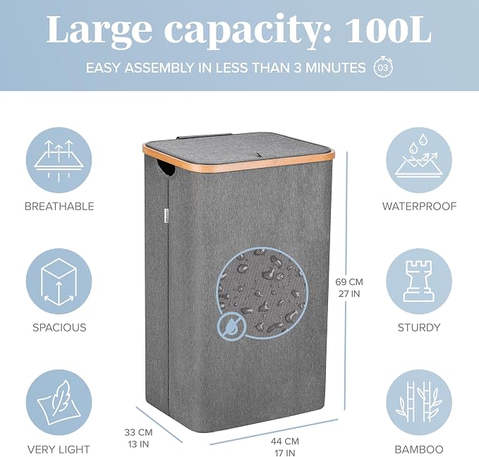 LONBET Laundry Basket with Lid, Made from Breathable Fabric | Aesthetic Clothes Hampers for Laundry with Side Handles & Sturdy Bamboo Frame (26 Gallons - Single, Gray) - Image 3