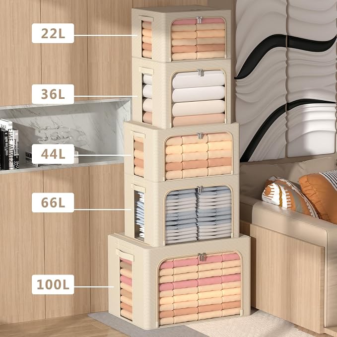 CYhom 3Pack Frame Storage Box - Clothes Storage Bin Bags Oxford Fabric Foldable Stackable Container Organizer Set with Clear Window & Carry Handles Large Capacity (Beige, Extra Large-100L) - Image 5