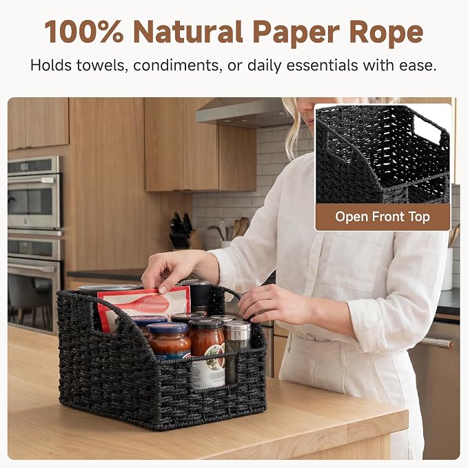 StorageWorks Pantry Organizers and Storage, Wicker Baskets with Handles, Pantry Baskets for Shelves, Paper Rope, Black， 2 Pack - Image 4