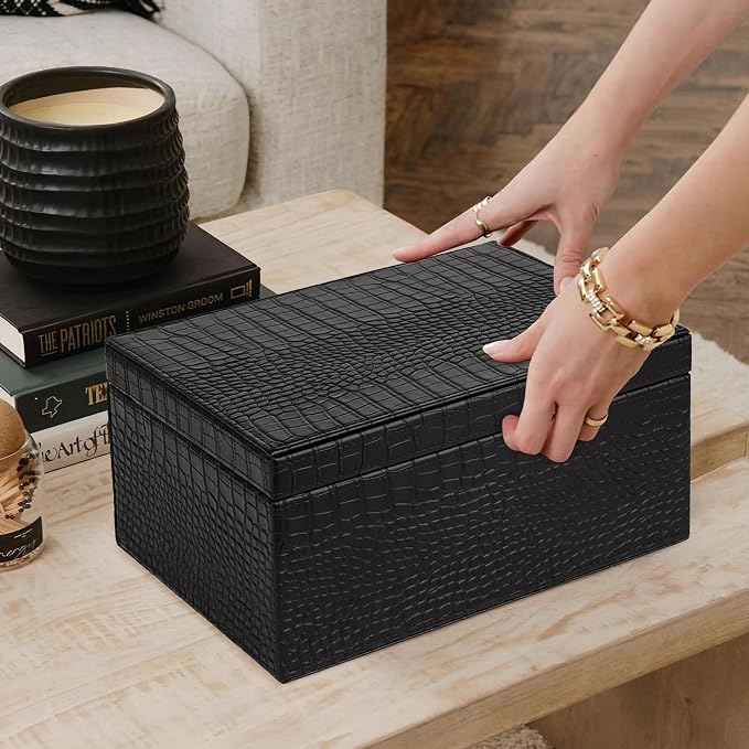 HofferRuffer Faux Leather Decorative Box, Large Wooden Structure Keepsake Box Accessory Organizer Jewelry Organizer with Hinged Lid, Storage Container for Home or Office (CrocoBlack) - Image 6