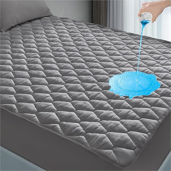 Lunsing Full Size Mattress Protector - Waterproof, Breathable, Quilted, 6-16 Inches Deep Pocket, Grey