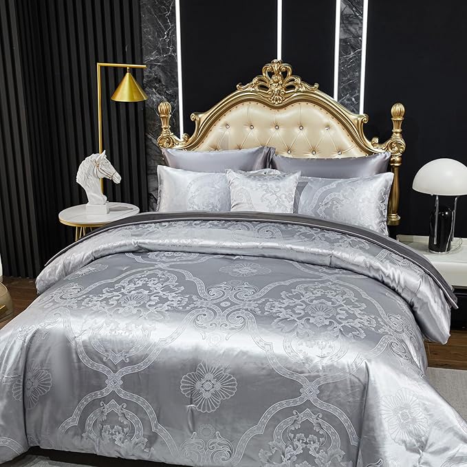 Grey King Comforter Set Jacquard Bedding Set 8 Pcs Satin Sheet Set Vintage Neoclassical Floral Elegant Bed Home Decor Soft Down Comforter Luxury Hotel Silky Bed in a Bag with 1 Cushion Cover