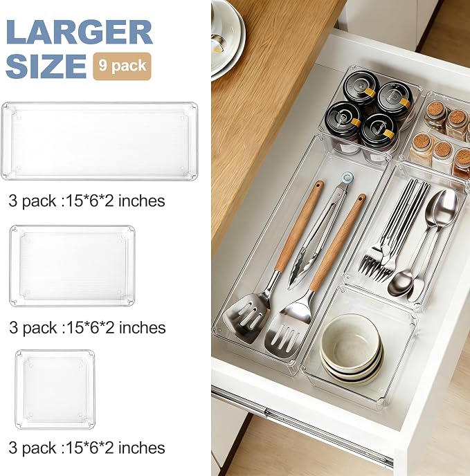 9 PCS Clear Plastic Drawer Organizer Sets, 3 Sizes Vanity Organizer Trays Stackable Storage Bins for Kitchen, Cabinet, Bathroom, Office, Laundry Room Organizing - Image 3