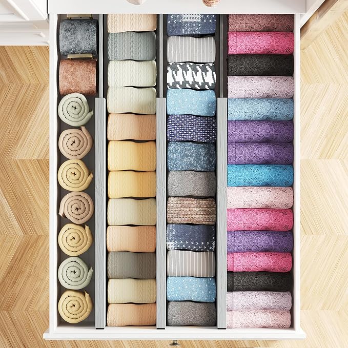 SpaceAid Bamboo Dresser Drawer Dividers 6 Pack, 4.65“ High Adjustable 17“-22” Drawer Organizers, Expandable Organization for Clothing, Clothes, Dressers, Gray - Image 4