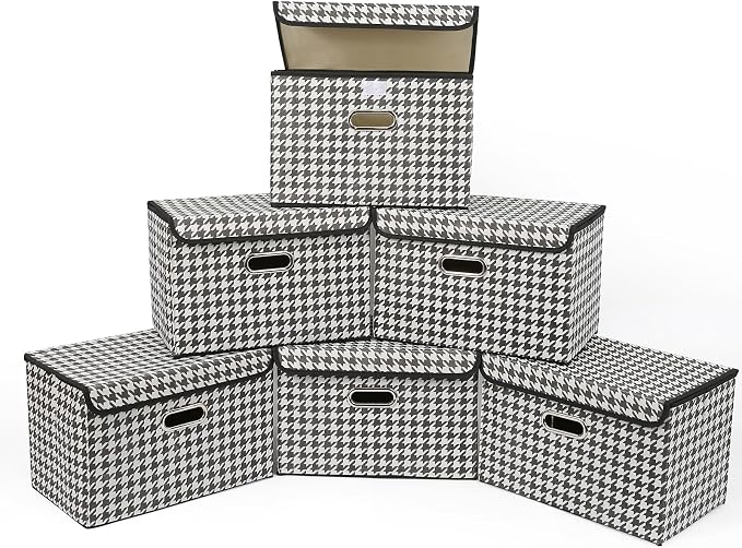 STOREONE Fabric Storage Cube Bins Foldable Organizer Container Collapsible Basket with Lids and Metal Handles, for Home, Bedroom, Closet 6 Pcs (Houndstooth) by STOREONE
