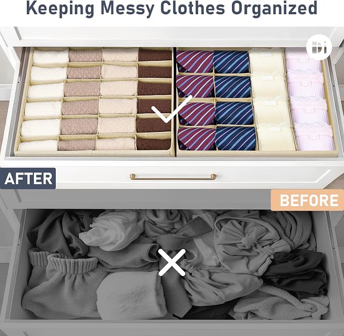Joyoldelf Sock Drawer Organizer Divider 4 Packs Underwear Organizer, 2 x 24 Cell + 2 x 16 Cell Closet Organizers and Storage Sock Holders for Storing Socks, Handkerchiefs, Ties, Belts (Beige) - Image 5