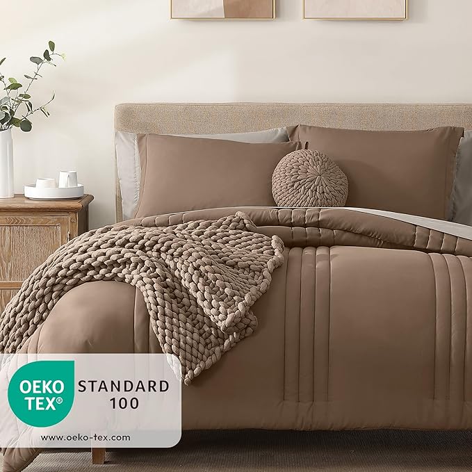 Monbix Oversized Queen Comforter Set - 7 Pieces Brown Bed in a Bag Oversized Queen Bedding Sets with Comforters, All Seasons Comforter Bed Set with Sheets, Pillowcases & Shams