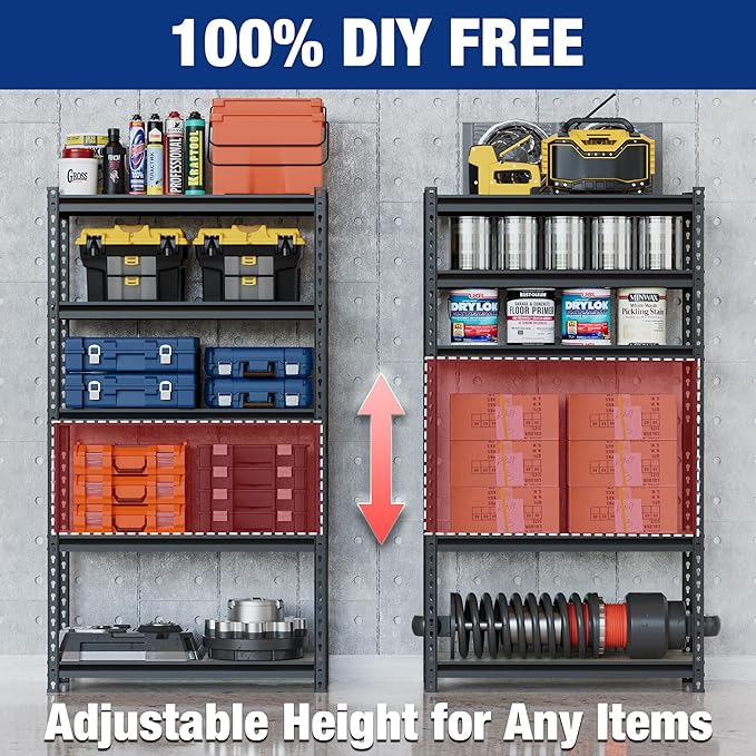 WORKPRO 5-Tier Storage Shelf, 72" H Heavy Duty Adjustable Garage Shelving Unit 2180LBS Capacity, for Basement, Kitchen, Pantry, 27.6”Wx11.8”Dx60”H, Black - Image 5