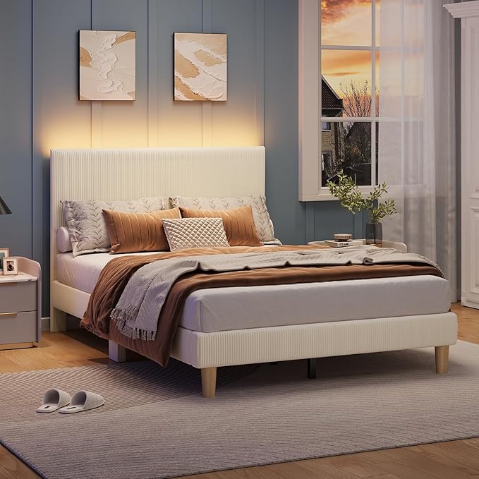 Bestier Full Bed Frame with Adjustable Headboard, LED Lighting, Vertical Channel Tufted Corduroy Upholstered, Solid Wooden Slats Support, No Box Spring Needed, Never Squeaks, Easy Assembly, Beige