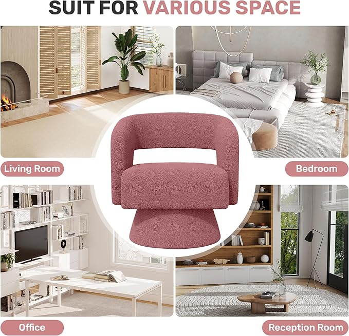 Nebuaegis Swivel Accent Chair Set of 4, Modern Comfy Teddy Barrel Chairs, Oversized Upholstered Round Arm Chair for Living Room, Bedroom, Reading Room, Dark Pink