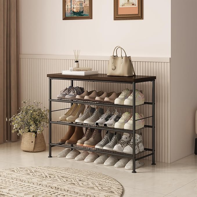 SUOERNUO Shoe Rack Organizer 4 Tier for Closet Entryway Free Standing Metal Storage Shoe Shelf with MDF Top Board，Black - Image 2