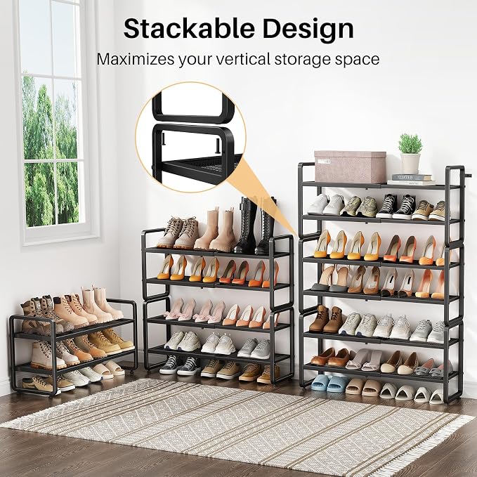 SNTD Shoe Rack - Expandable Shoe Organizer for Closet, Adjustable Metal Shoe Shelf Storage, Stackable Long Shoe Stand Holder for Garage, Entryway, Door Entrance (Black, 6-Tier) - Image 6