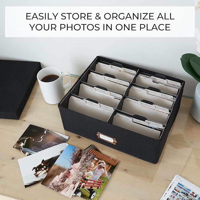 ZICOTO Decorative Photo Storage Box - Sturdy Linen Photo Organizer with Dividers is Perfect to Store Up to 1700 Pictures and 4x6 Photos - Portable Scrapbook Storage Containers with Lid - Image 2