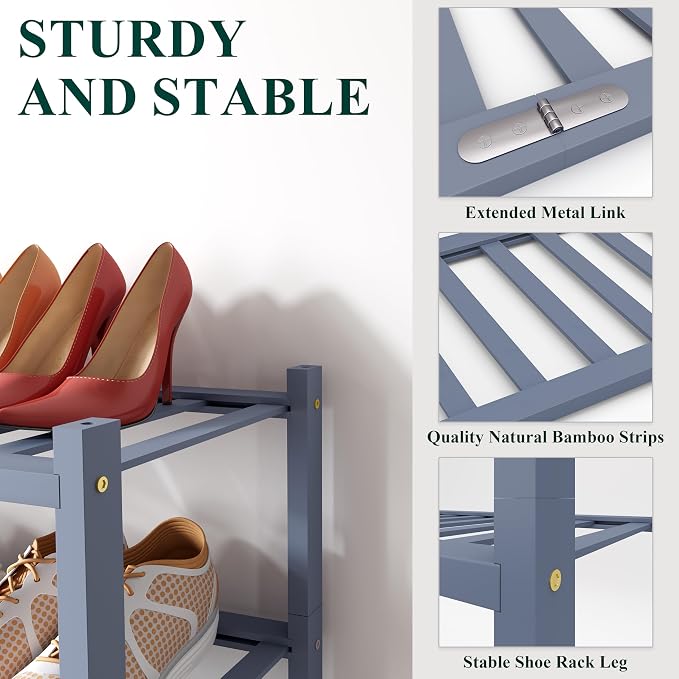 Smiry Shoe Rack, 3 Tier Long Bamboo Shoe Organizer, Stackable Free Standing Wooden Shoe Storage Shelf for Closet, Entryway, Front Door Entrance, Grey - Image 3