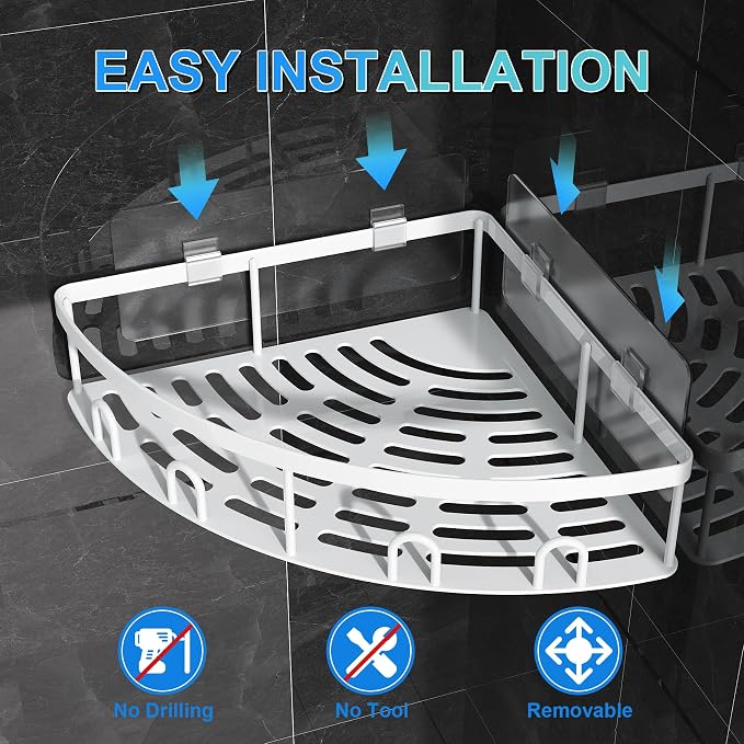 Corner Shower Caddy, 2 Pack Adhesive Bathroom Shower Corner Organizer Shelf, No Drilling Rustproof Wall Mounted Shower Storage Rack Shampoo Holder Organizer (White) - Image 6