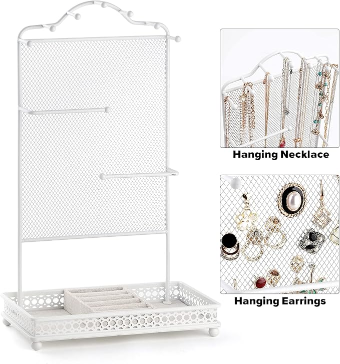 Meangood Jewelry Organizer Stand, Earring Holder Rack for Hanging Earrings Necklace Bracelets Watches Jewelry Display Large Rings Storage as Women Gift (White) - Image 4
