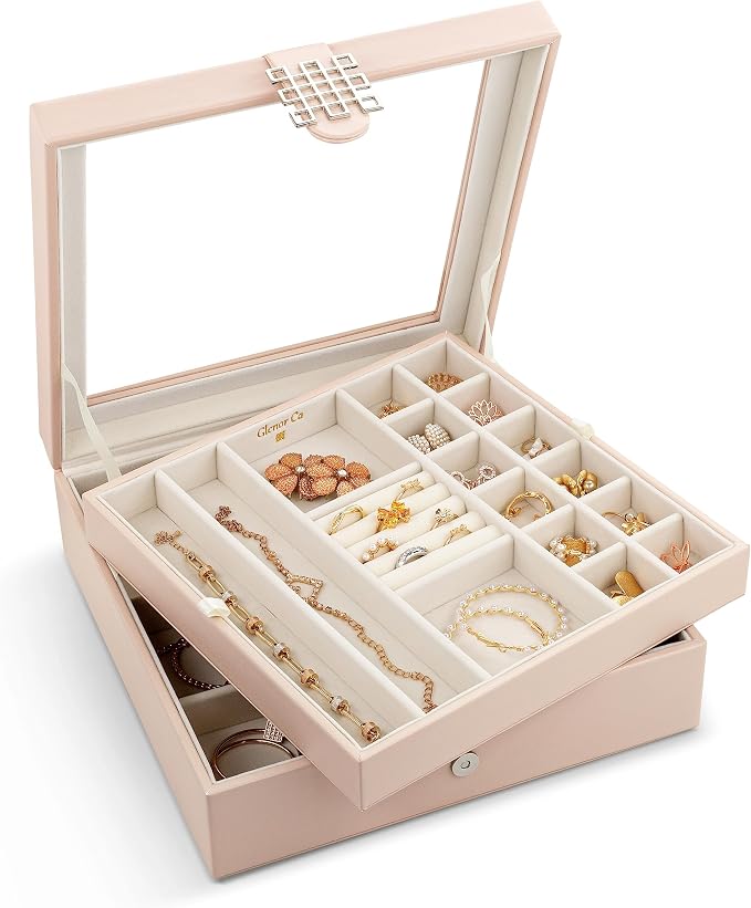 Glenor Co 28 Section Jewelry Box - 2 Layer - Buckle Snap & Magnet Closure - Large Glass Top - Leather Design - Sand - Jewelry Organizer for Women & Girls - for Earring Ring Necklace & Bracelet by GlenorCo