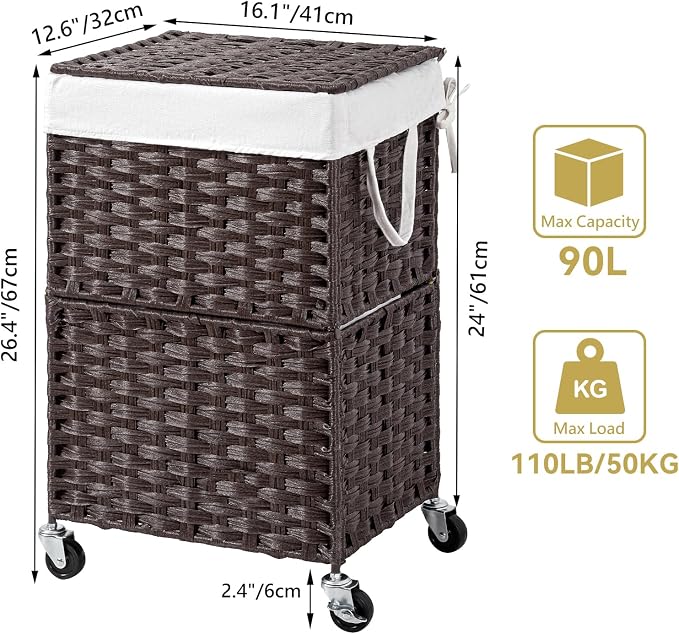 Chrislley 90L Slim Laundry Hamper with Wheels, Rolling Laundry Basket with Lid and Renovable Liner Bag, Handwoven Rattan Organizer for bedroom, bathroom, laundry room (Brown) - Image 6