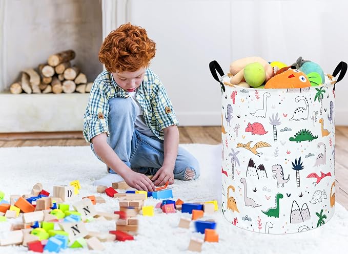 Collapsible Kids Laundry Basket Clothes Hamper, Foldable Storage Organizer Bin, Toy Clothes Storage with Handles for Boys Girls Bedroom, Room Decor Dinosaur - Image 3