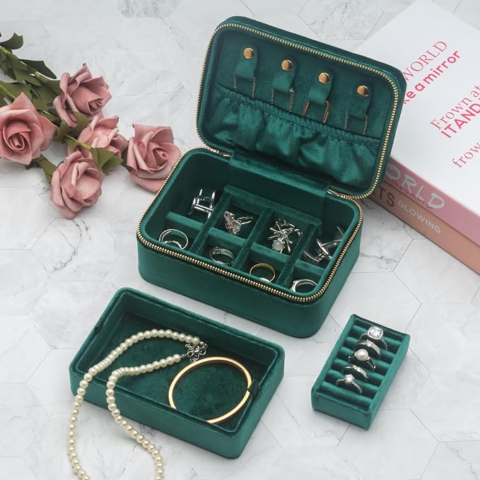 Velvet Travel Jewelry Organizer Box with Zipper Around Portable Accessory Display Tray Holder Storage Case for Multiple Earrings Rings Necklaces Bracelets (Green) - Image 6
