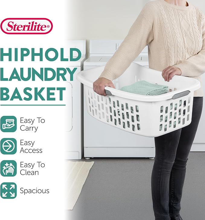 Sterilite 6 Pack HipHold Laundry Basket, Plastic Rectangle Clothes Hamper with Comfort Grip Handles & Reinforced Rim, 1.5 Bushel Capacity, White - Image 3