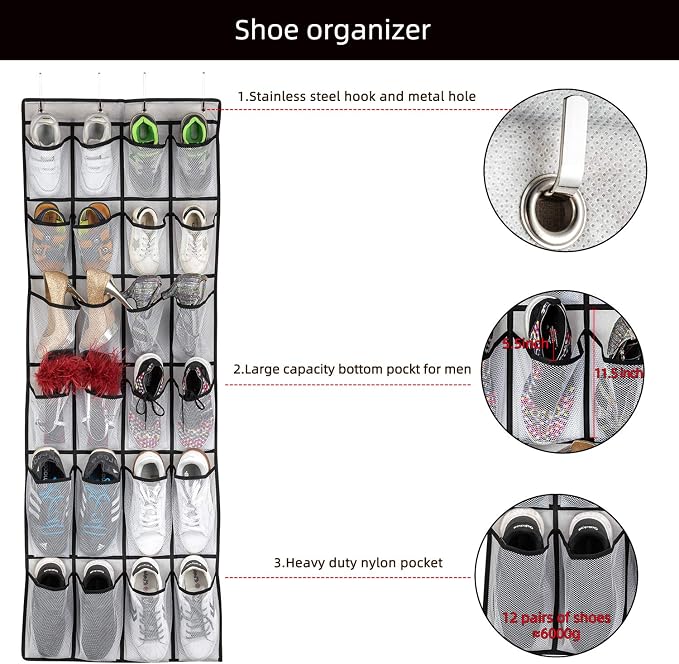 SAVERHO Over the Door Shoe Organizer, Hanging Shoe Organizer with 24 Mesh Large Pockets Door Shoe Rack Organizer for Men Women Kids Hanging Shoe Storage Bag.(White - Image 4