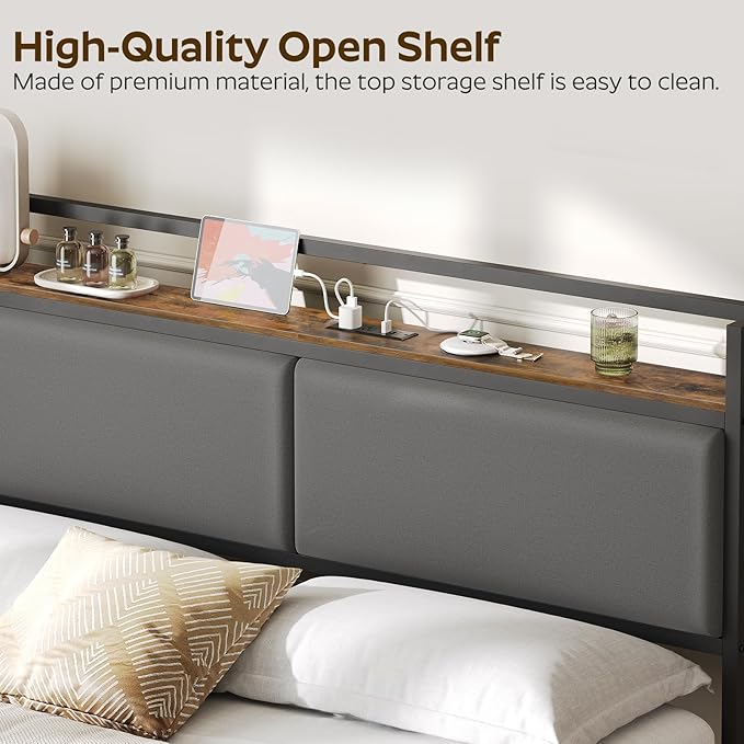 YATINEY King Size Headboard Only, King Headboard with Charging Station, Upholstered Head Board with Open Storage, Height Adjustable, Vintage Style, Sturdy and Stable, Rustic Brown, Gray and Black