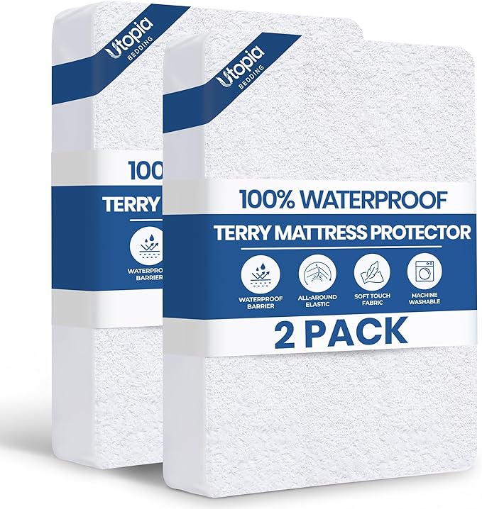 Utopia Bedding Waterproof Mattress Protector Full XL Size 2 Pack, Premium 200 GSM Terry Mattress Cover, Soft & Breathable Bed Cover, Fitted Sheet Style with Stretchable Deep Pockets 15" (White)