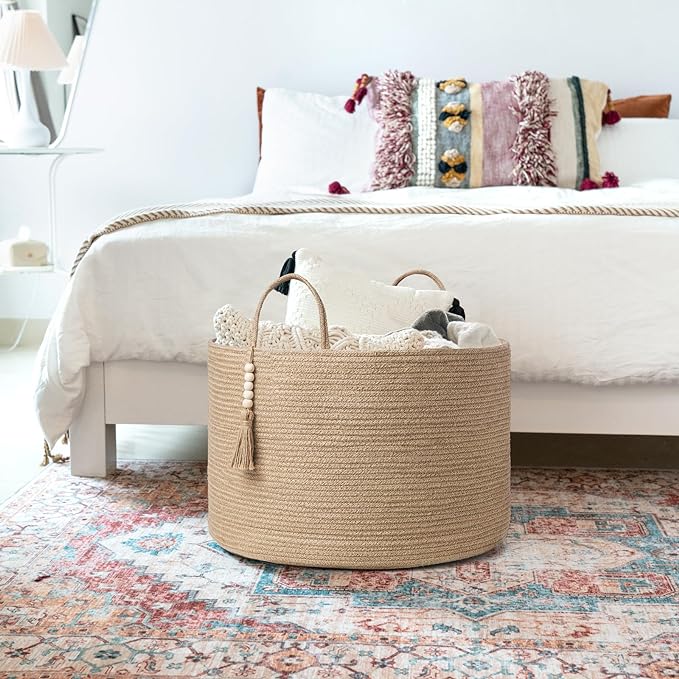 Mkono Extra Large Laundry Basket Woven Storage Baskets for Blankets Toys Clothes Organizer, Decorative Clothes Hamper 21.7" x 13.8" - Image 3