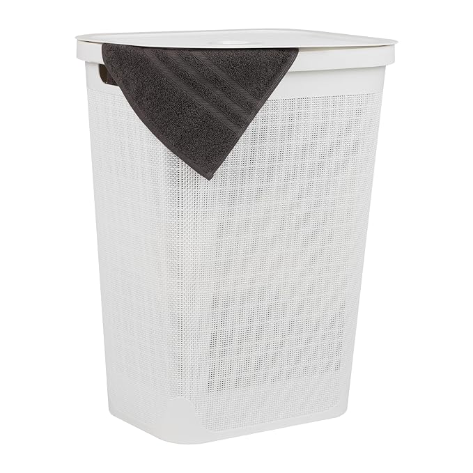 Mind Reader 60L Slim Laundry Hamper, Clothes Basket, Lid, Linen Design, Plastic, White by MindReader
